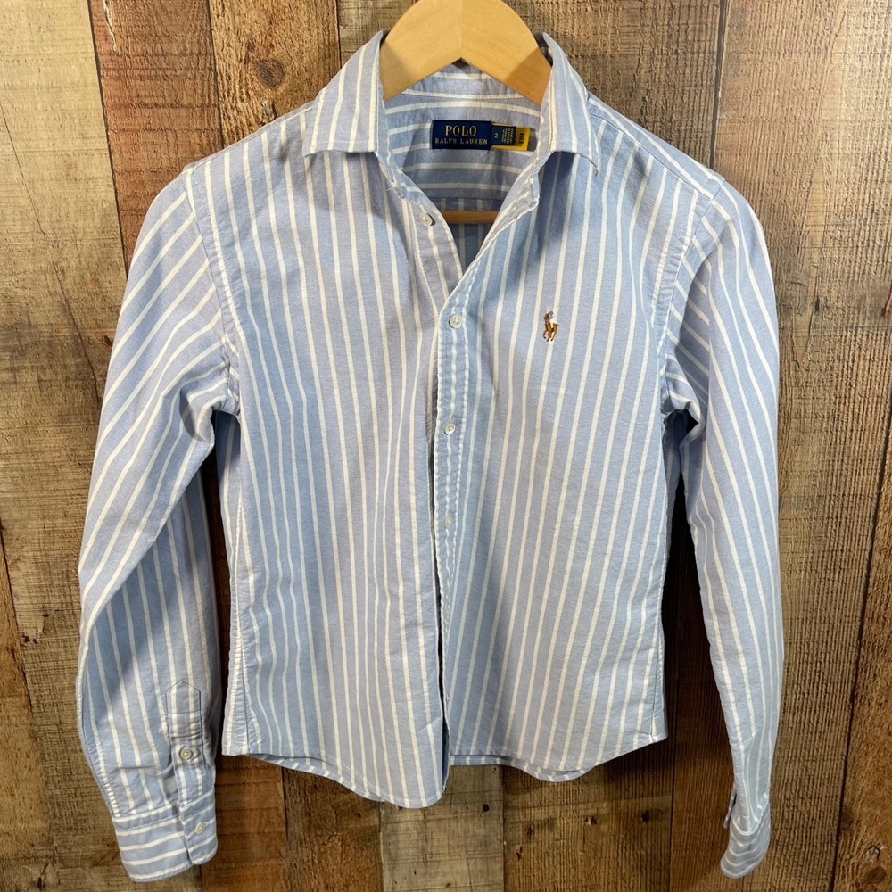 Polo Ralph Lauren Slim Fit Striped Oxford Shirt Womens 2 Blue White Pony Button